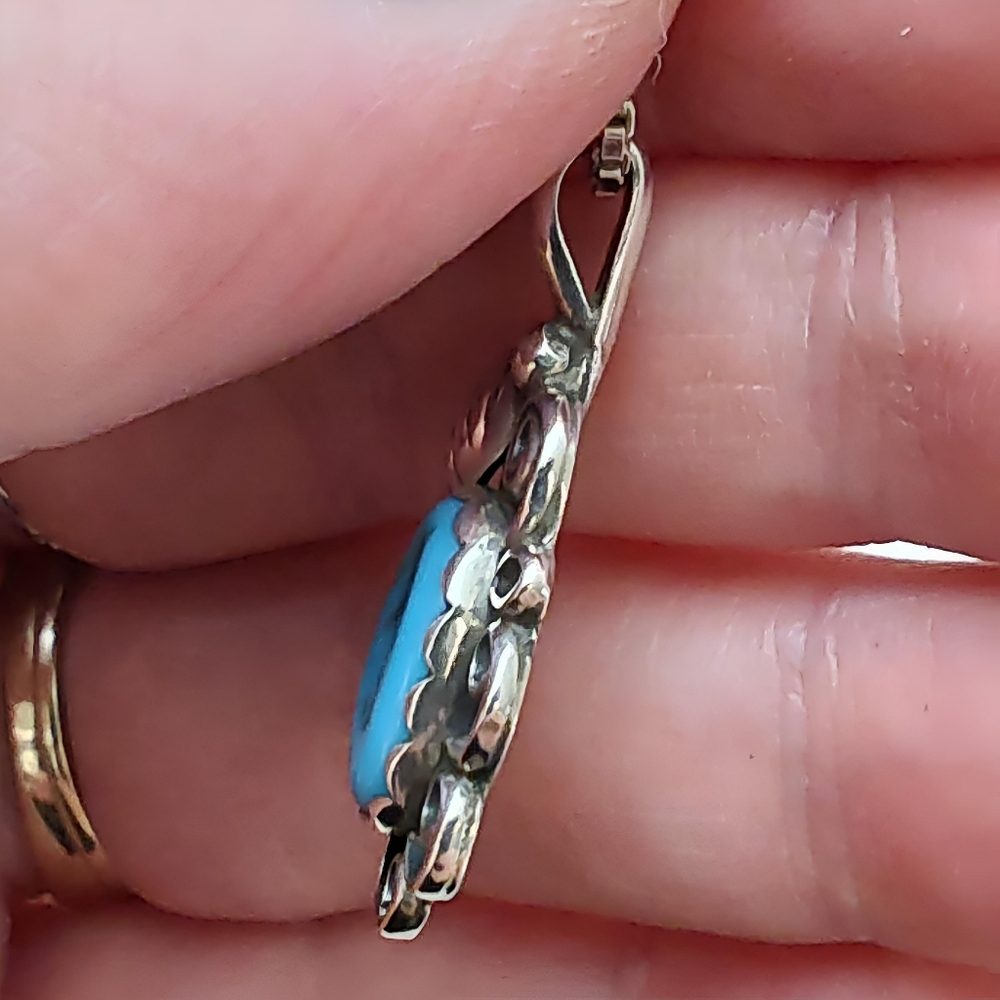 NAVAJO Artist BVL Sterling Silver Floral Leaf Turquoise Pendant Necklace - Picture 7 of 11
